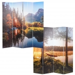 Paravento divisore doppia immagine fonoassorbente HWC-L55 MDF 4 pannelli 162x180cm lago foresta
