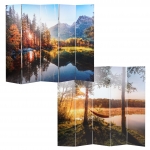 Paravento divisore doppia immagine fonoassorbente HWC-L55 MDF 5 pannelli 204x180cm lago foresta