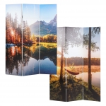 Paravento divisore doppia immagine fonoassorbente HWC-L55 MDF 3 pannelli 122x180cm lago foresta