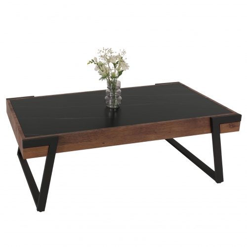 Tavolino salotto divano HWC-L89 43x120x64cm pietra sinterizzata MDF gambe nere legno scuro effetto marmo marrone