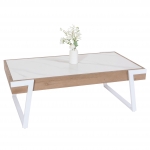 Tavolino salotto divano HWC-L89 43x120x64cm pietra sinterizzata MDF gambe bianche legno chiaro effetto marmo bianco