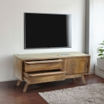 Porta TV lowboard mobile salotto HWC-L96 cassetti legno di mango colore noce