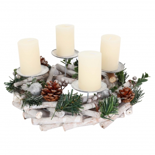 Portacandele avvento natalizio HWC-M12 legno bianco argento ~ circolare con candele