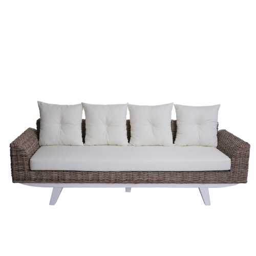 Divano HWC-M32, divano 4 posti in rattan sof lounge con cuscini,209cm Kubu tessuto naturale/rivestimento tessile avorio