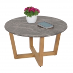 Tavolino rotondo salotto divano HWC-M61 80cm legno laminato HPL melaminico gambe chiare effetto marmo