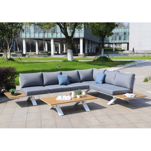 Set salotto giardino esterno salottino componibile HWC-M62 alluminio polietilene bianco cuscini grigio chiaro