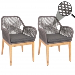 Set di 2 sedie da giardino HWC-H56b, poltrona da esterno, corda intrecciata legno di acacia ~ cuscini grigio antracite