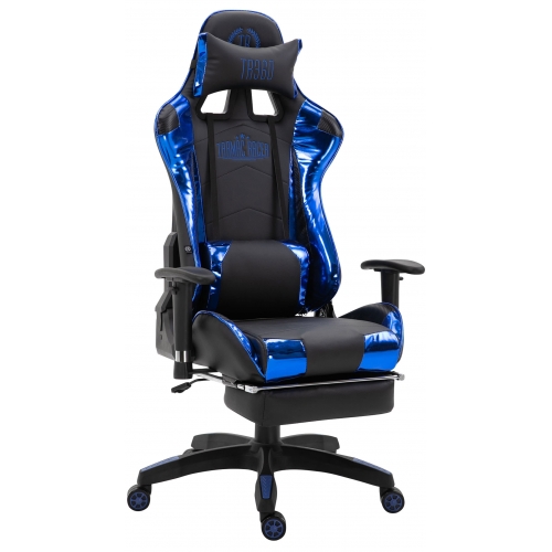Poltrona sedia ufficio girevole regolabile poggiapiedi estraibile HLO-CP82 ecopelle lucida nero e blu