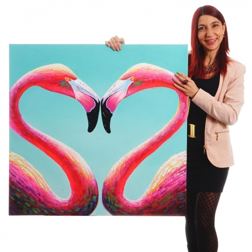 Dipinto a mano pittura ad olio su tela 90x90cm flamingo