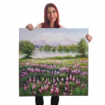 Dipinto a mano pittura ad olio su tela 80x80cm fiori e paesaggio