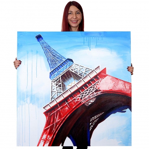 Dipinto a mano pittura ad olio su tela 100x100cm Eiffel tricolore