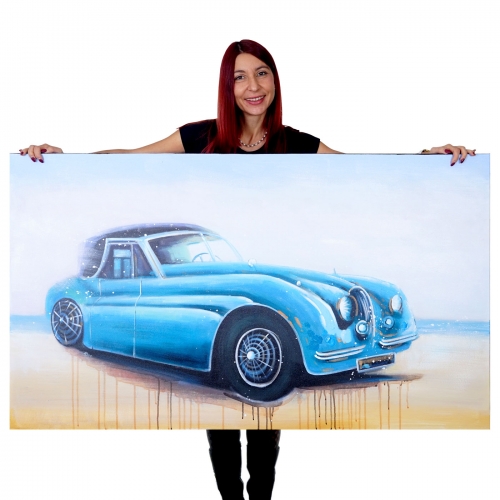 Dipinto a mano pittura ad olio su tela 140x80cm auto epoca