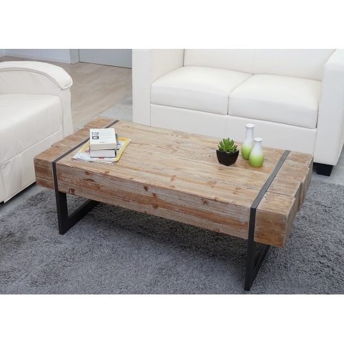 Tavolino salotto divano elegante HWC-A15a legno pino massello 40x120x60cm metallo legno chiaro