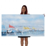 Dipinto a mano pittura ad olio su tela 140x70cm barche