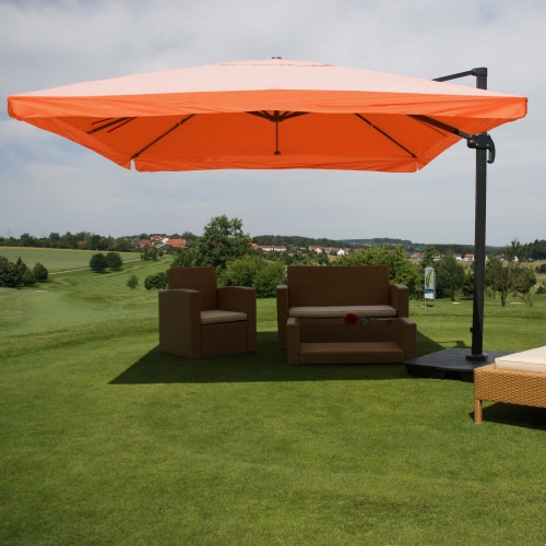 Ombrellone parasole decentrato HWC-A96 3x3m alluminio con volante arancione girevole con base