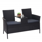 Divano sofa per l'esterno doppia seduta portavivande HWC-E24 polyrattan nero cuscini grigio