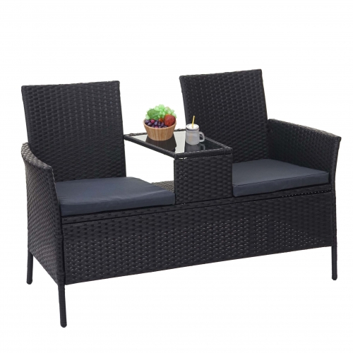 Divano sofa per l\'esterno doppia seduta portavivande HWC-E24 polyrattan nero cuscini grigio