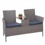 Divano sofa per l'esterno doppia seduta portavivande HWC-E24 polyrattan grigio cuscini grigio