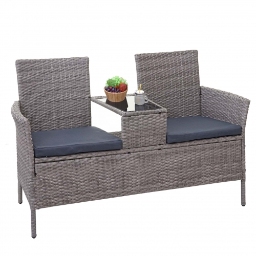 Divano sofa per l\'esterno doppia seduta portavivande HWC-E24 polyrattan grigio cuscini grigio