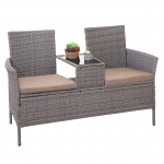 Divano sofa per l'esterno doppia seduta con portavivande HWC-E24 polyrattan grigio con cuscini avorio