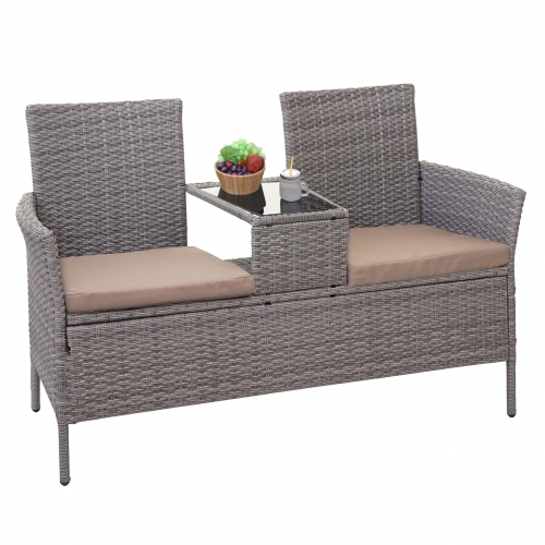 Divano sofa per l\'esterno doppia seduta con portavivande HWC-E24 polyrattan grigio con cuscini avorio