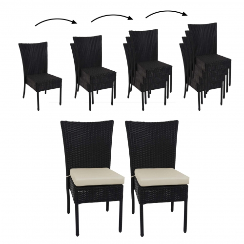 Set 2x sedie esterno giardino impilabili polyrattan HWC-G19 nero cuscini avorio