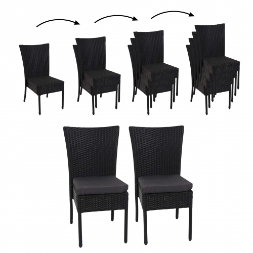 Set 2x sedie esterno giardino impilabili polyrattan HWC-G19 nero cuscini grigio scuro