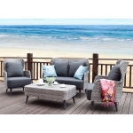 Set salotto giardino esterno salottino HWC-G53 polyrattan 2x poltrone divanetto tavolino grigio cuscini grigio scuro