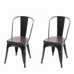 Set 2x sedie impilabili design industriale HWC-H10e acciaio verniciato ecopelle nero e marrone