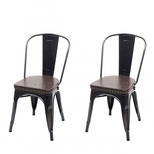 Set 2x sedie impilabili design industriale HWC-H10e acciaio verniciato ecopelle nero e marrone
