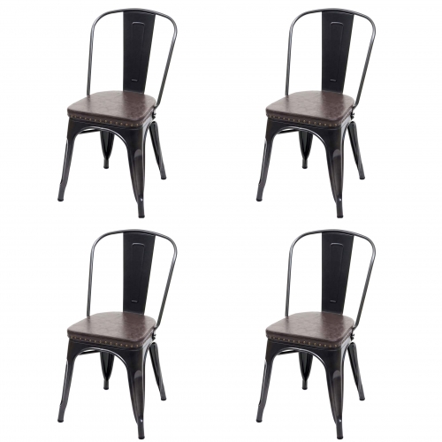 Set 4x sedie impilabili design industriale HWC-H10e acciaio verniciato ecopelle nero e marrone
