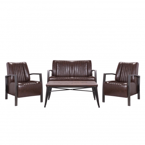 Salottino 2x poltrone divano due posti tavolino design industriale HWC-H10 acciaio verniciato ecopelle marrone