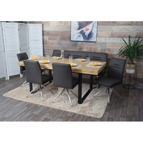 Set panca con 4x sedie sala pranzo soggiorno cucina HWC-H70 tessuto acciaio inox ~ grigio fango 180cm