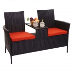 Divano sofa per l'esterno doppia seduta portavivande HWC-E24 polyrattan nero cuscini arancione