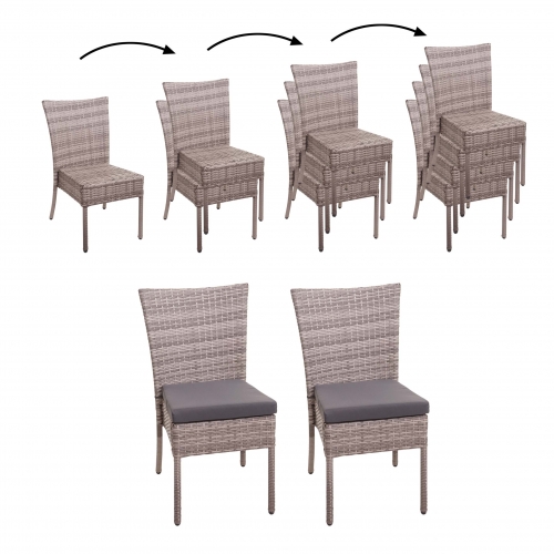 Set 2x sedie esterno giardino impilabili polyrattan HWC-G19 grigio marrone cuscini grigio scuro