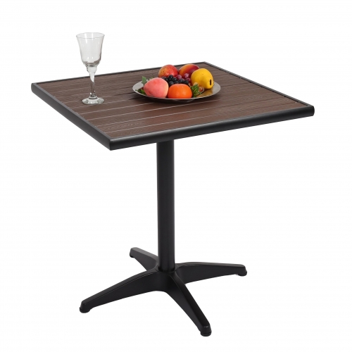 Tavolino quadrato esterno bar HWC-J95 alluminio aspetto legno 74x70x70cm nero marrone scuro