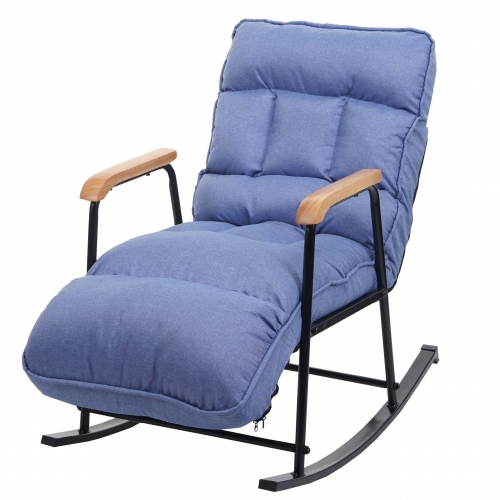 Sedia a dondolo regolabile con poggiapiedi imbottita HWC-K40 legno metallo tessuto blu