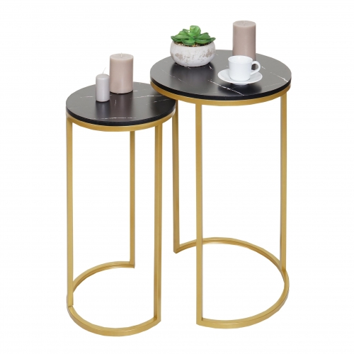 Set 2x tavolini eleganti da salotto HWC-K46 effetto marmo nero oro