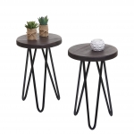 Set 2x tavolini sgabelli HWC-A80 design industriale 25x25x40cm metallo legno di pino scuro