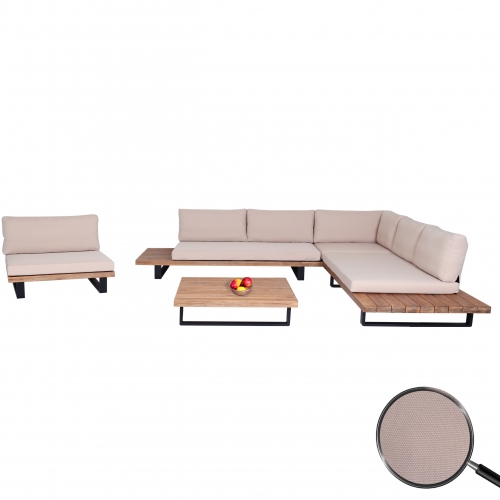 Set salotto giardino esterno salottino con poltrona HWC-H54 legno acacia alluminio marrone chiaro con cuscini beige