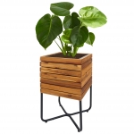 Fioriera vaso alto piante quadrato HWC-L25 acciaio legno acacia 60x33x33cm legno naturale